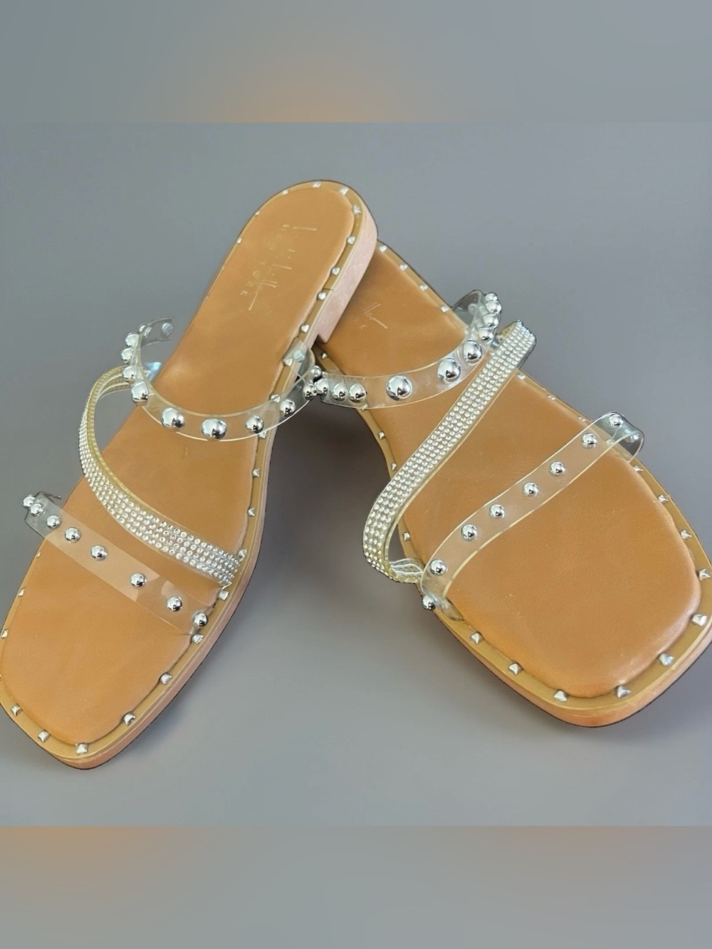 Nicole Miller Tan Slide Sandals with Clear Straps and Silver Studs